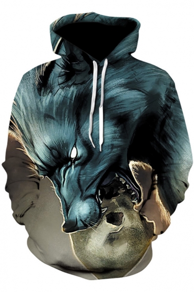 Fashion 3D Wolf Skull Printed Long Sleeve Blue Unisex Casual Drawstring Hoodie