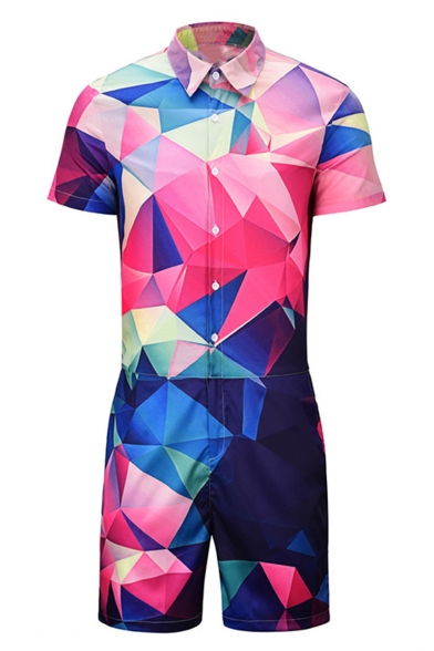 Fashion Colorful Ombre Geometric Printed Short Sleeve Summer Slim Fit One Piece Rompers