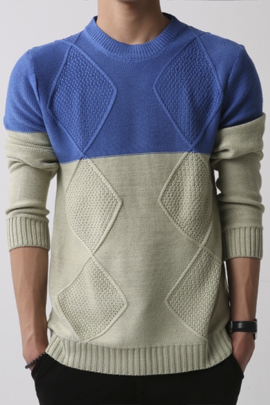 Fashion Mens Crewneck Jacquard Color Block Long Sleeve Casual Pullover Sweater