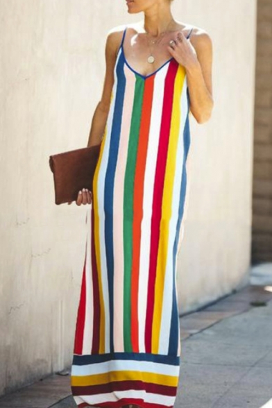 Fashion Rainbow Stripe Printed V-Neck Spaghetti Straps Split Side Maxi Slip Dress