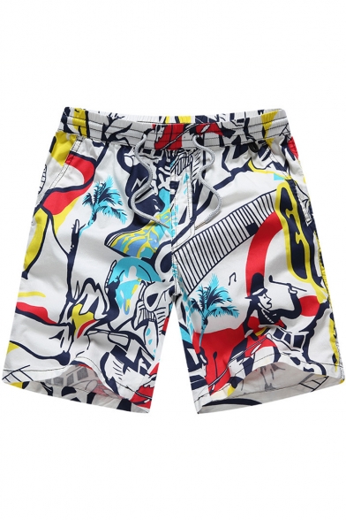 Funny Figure Printed Drawstring Waist Loose Cotton Beach Holiday Swim Shorts for Men