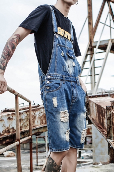 Guys American Style Vintage Destroyed Ripped Blue Denim Bib Overalls