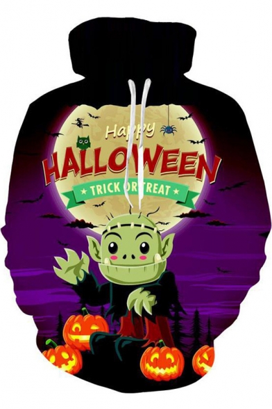 Halloween Trick Or Treat Funny 3D Comic Zombie Printed Relaxed Fit Purple Hoodie