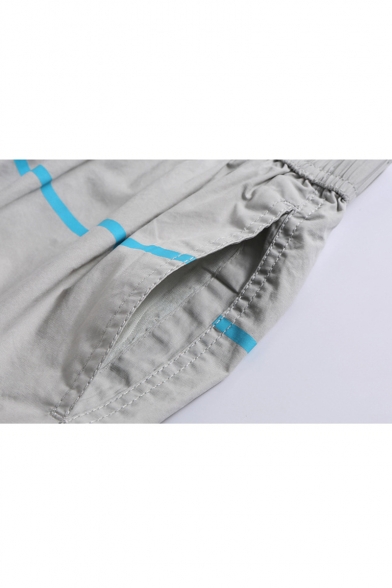 Men's Cotton Letter Striped Print Zip Pocket Drawstring Waist Breathable Beach Sport Casual Swim Trunks
