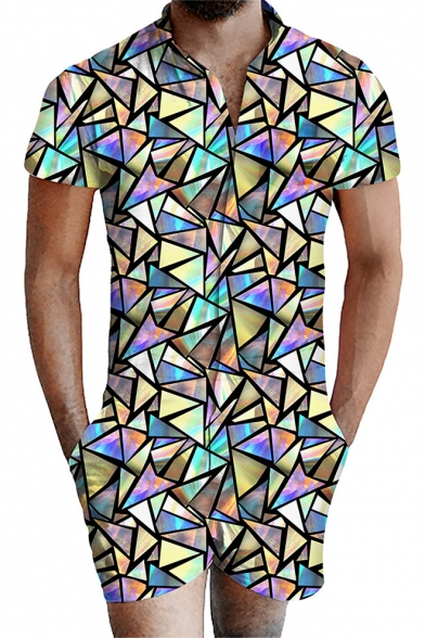 Men's Fashion 3D Printed Short Sleeve Casual Romper with Pockets