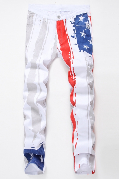 Men's New Fashion American Flag Printed White Stretch Fit Casual Jeans