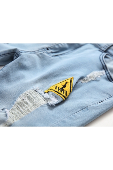 Men's New Fashion Embroidery Badge Logo Patchwork Destroyed Light Blue Ripped Jeans