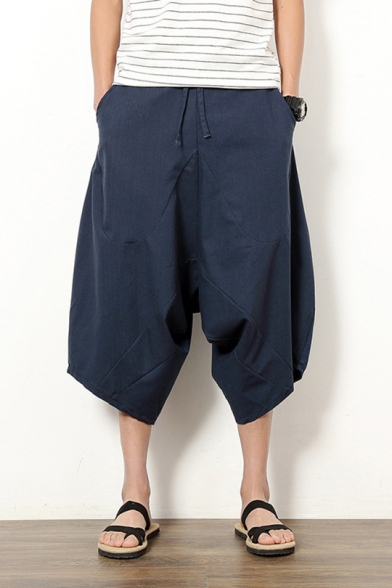 Men's Retro Ethnic Style Relaxed Plain Cropped Linen Drop-Crotch Wide-Leg Harem Pants