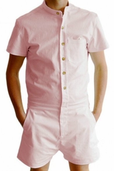 Men's Simple Plain Stand Collar Short Sleeve Button-Down Casual Leisure Rompers