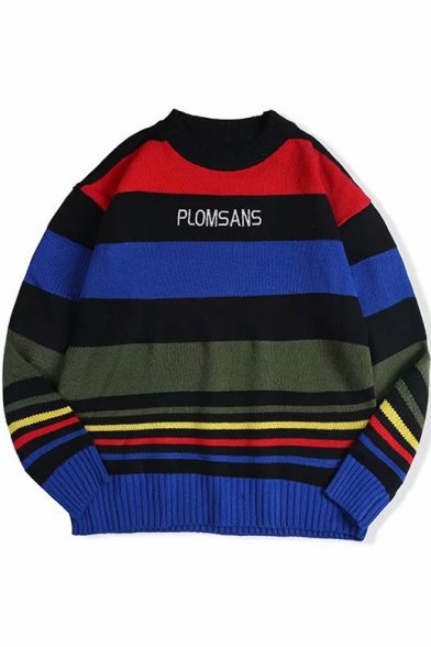Men's Striped Letter PLOMSANS Printed Round Neck Long Sleeve Pullover Sweater