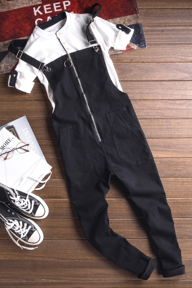 Men's Unique Zip Up Solid Color Black Slim Fit Bib Overalls