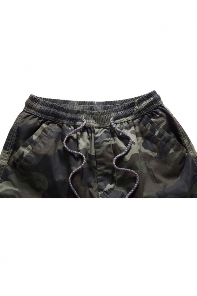 Mens Classic Camo Printed Flap Pocket Side Drawstring Waist Casual Loose Cotton Cargo Shorts