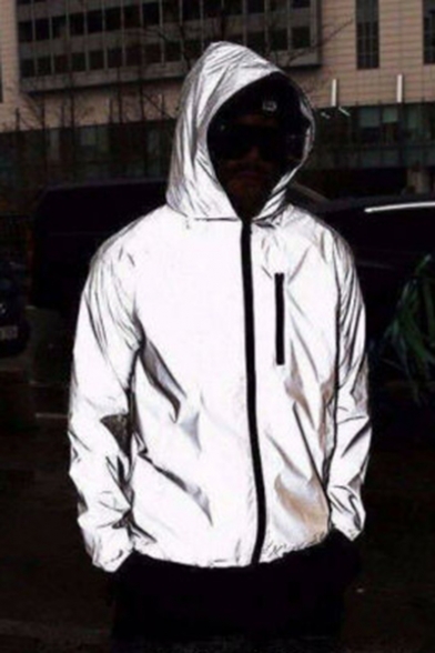 mens Fashionable Unisex Solid Color Long Sleeve Zip Up Reflective Grey Hooded Track Jacket