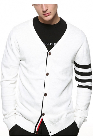 Mens New Fashion V-Neck Button Down Signature Stripe Long Sleeve Fitted Thin Cotton Cardigan