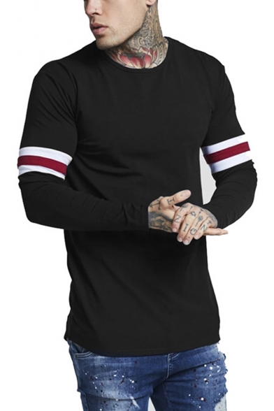 Mens New Trendy Signature Stripe Print Long Sleeve Round Neck Fitted T-Shirt