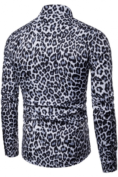 Mens Nightclub Fashion Leopard Print Long Sleeve Fitted Button-Up Shirt - Beautifulhalo.com