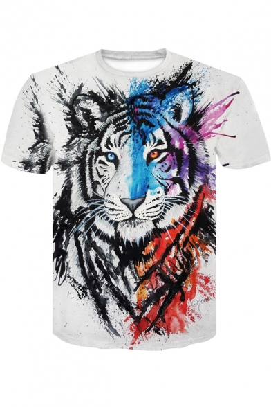 Velocitee Mens T-Shirt Colourful Cool Tiger Face Summertime Holiday A22686 