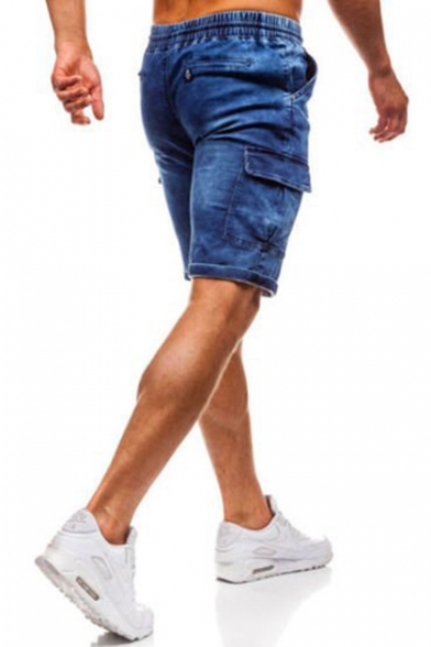 Mens Vintage Blue Drawstring Waist Flap Pocket Side Slim Fit Denim Shorts