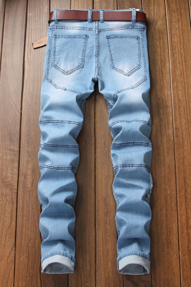 New Fashion Pleated Patched Details Stretch Slim Fit Blue Ripped Biker Jeans for Men