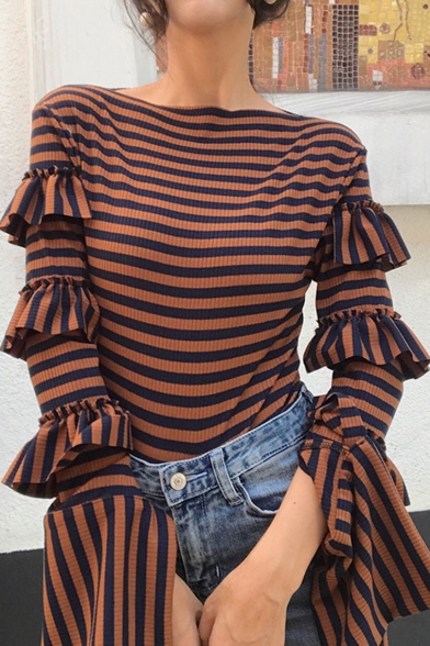 New Stylish Classic Stripes Ruffle Long Sleeve Knit T-Shirt