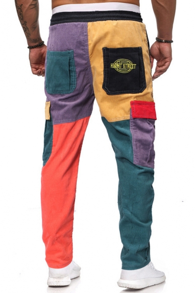 New Trendy Drawstring Waist Color Block Patchwork Flap Pocket Side Corduroy Cargo Pants Trousers for Men