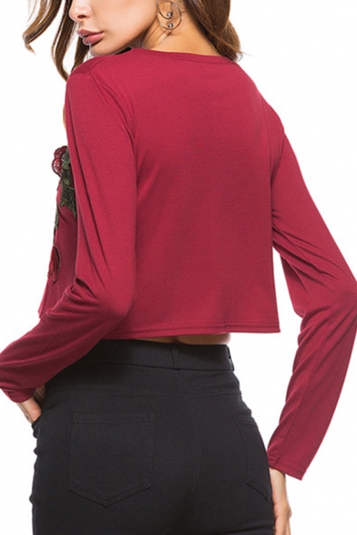 New Trendy Embroidery Floral Round Neck Long Sleeve Burgundy Cropped T-Shirt