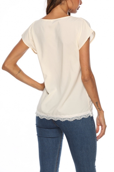 New Trendy Solid Color V-Neck Lace Patched Short Sleeve Womens Tee
