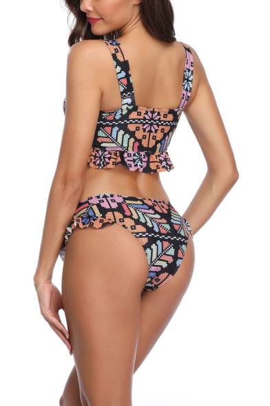 Popular Geometric Floral Printed Spaghetti Straps Ruffle Trim Sexy Bikini