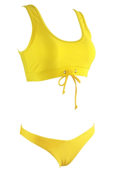 Popular Yellow Tied Hem Tank Top Basic Plain Bottom Bikini Swimwear