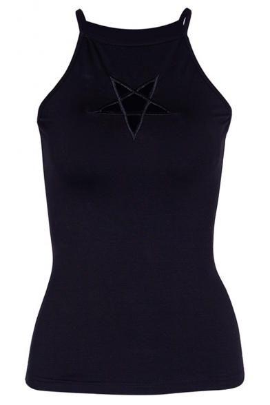 Punk Style Five-Point Star Front Simple Plain Fitted Black Cami Top