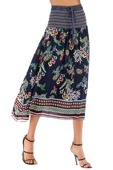 Retro Style Off The Shoulder Bow-Tied Front Floral Tribal Print Multi-Way Midi A-Line Holiday Beach Dress