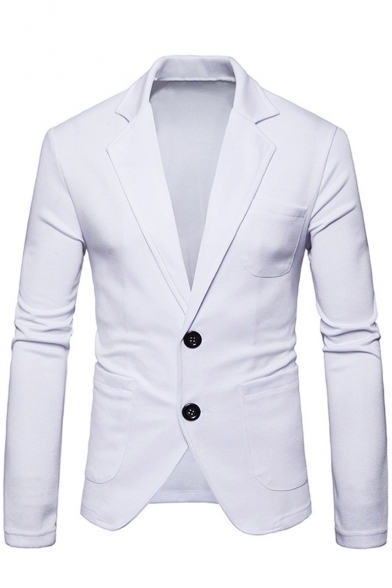 Simple Plain Long Sleeve Double Button Notched Lapel Collar Suit Jacket for Men