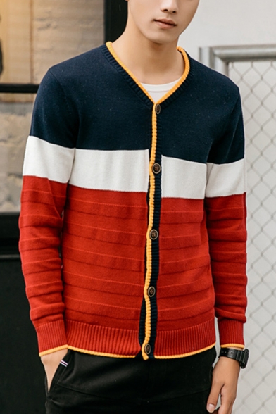 Spring Autumn Fashion Stripe Colorblock V-Neck Button Closure Casual Fitted Thin Cardigan for Men