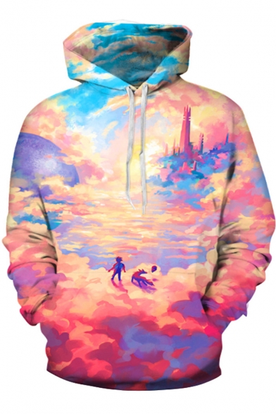 Stylish Comic 3D Colorful Landscape Printed Loose Sport Pullover Hoodie