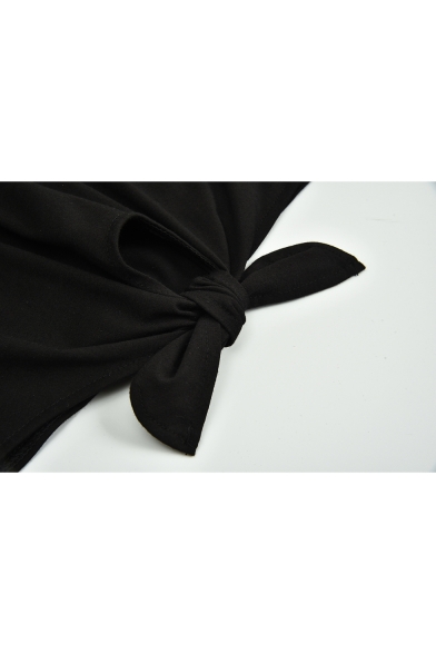 Stylish Floral Printed Colorblocked Short Sleeve Tied Hem Casual Black T-Shirt