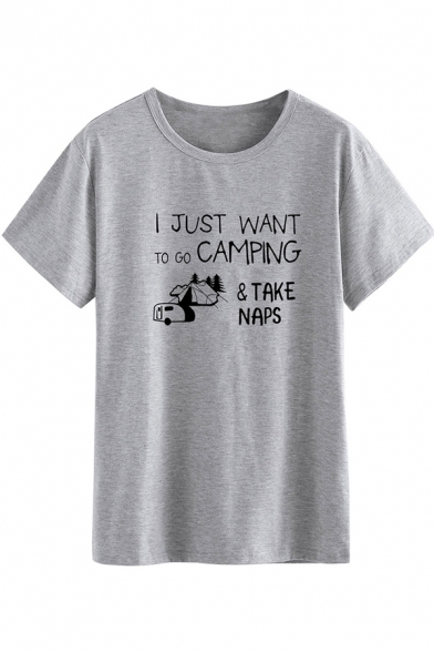 Stylish Landscape Letter I JUST WANT TO GO CAMPING Printed Short Sleeve Round Neck T-Shirt
