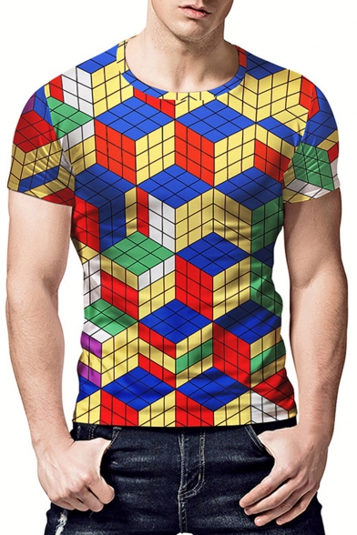Summer Cool 3D Magic Cube Printed Short Sleeve Round Neck T-Shirt