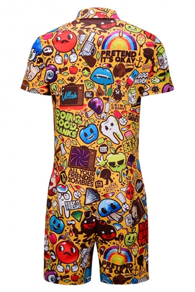 Summer Fashion Creative Cartoon Comic Printed Short Sleeve Button-Front Shirt Work Rompers for Men
