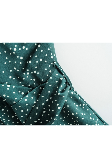 Summer Fashion Polka Dot Printed V-Neck Tied Waist Dark Green Mini Slip A-Line Dress