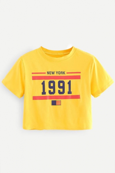 Summer Flag Letter NEW YORK 1991 Printed Round Neck Short Sleeve Cropped Tee for Women