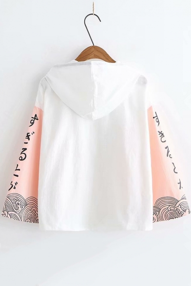 Summer Loose Casual Colorblock Long Sleeve Drawstring Hooded Button Down T-Shirt