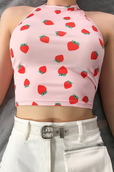 Summer New Trendy Allover Strawberry Printed Halter Neck Pink Cropped Cami Top