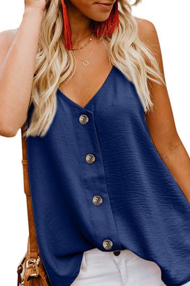 Summer Womens Sexy Plain Spaghetti Strap Sleeveless Button Front Cami Top