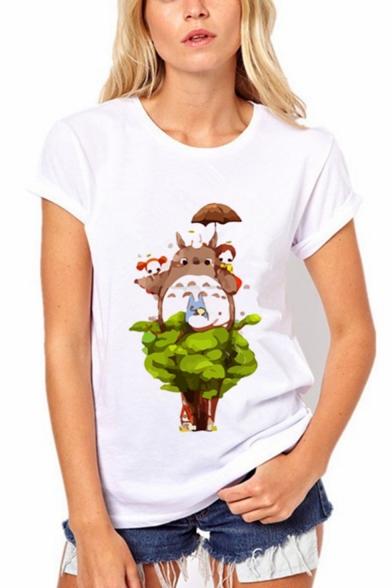 Trendy Cartoon Totoro Printed Round Neck Short Sleeve Loose Fitted White T-Shirt