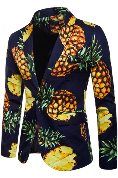 Trendy Pineapple Printed Single Button Long Sleeves Peaked Lapel Blazer for Men