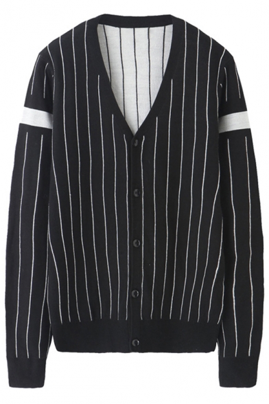 Trendy Vertical Stripe Printed V-Neck Long Sleeve Mens Button Down Black Loose Fit Cardigan