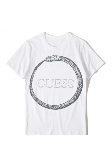 Unisex Snake Letter GUESS Printed Round Neck Short Sleeve Loose Fit White T-Shirt