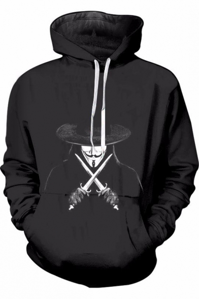 V for Vendetta Figure Pattern Relaxed Fit Black Drawstring Hoodie