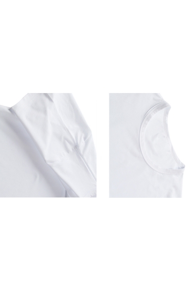 Comic Figure Print Short Sleeve Round Neck White T-Shirt