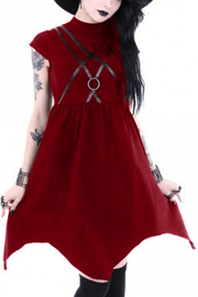 Vintage Gothic Punk Style Ring Patched Cap Sleeve Plain Midi Asymmetric Dress